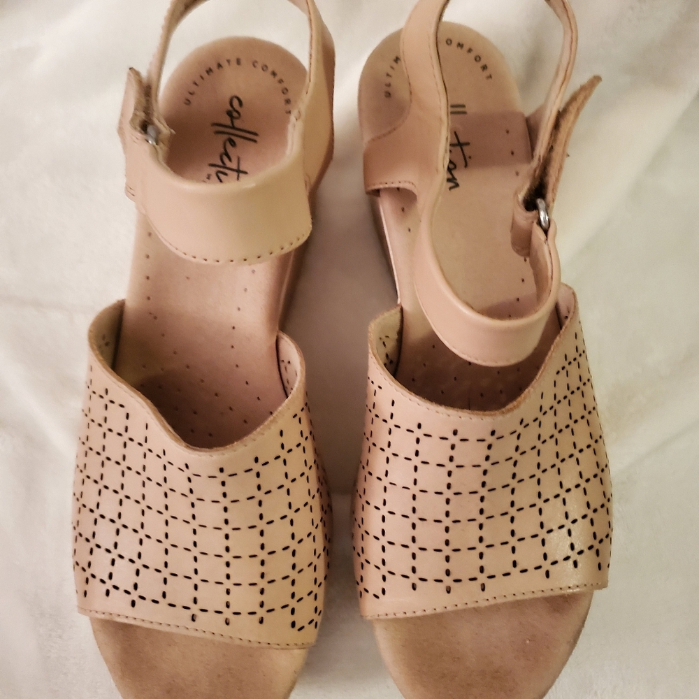 Clarks Leather Wedge Sandals - Cream Color - Size 7.5